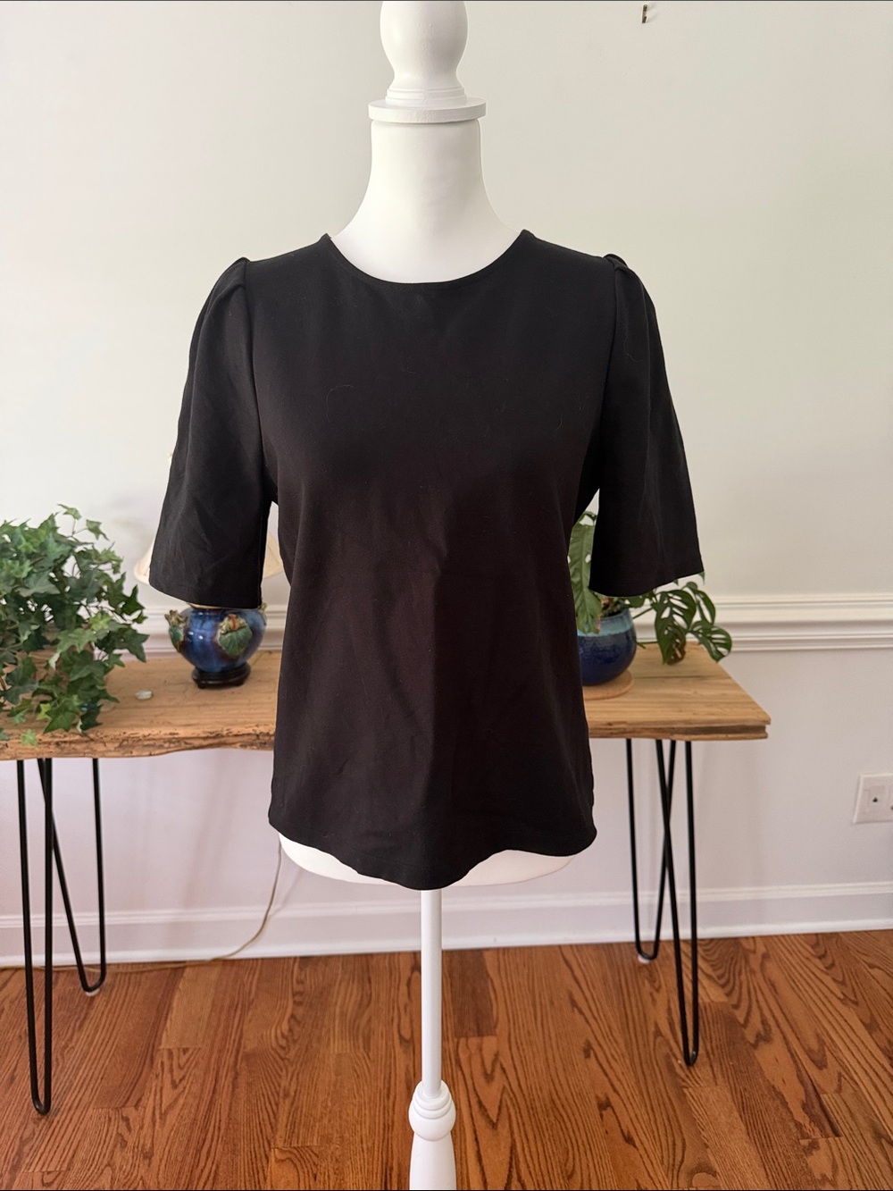 J. Crew Black Short-Sleeve Crewneck Top with Subtle Puff Shoulders